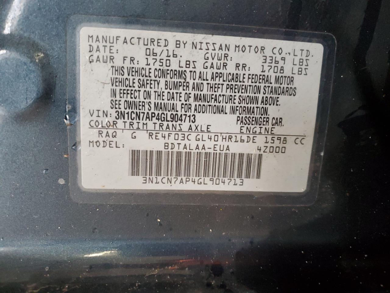 3N1CN7AP4GL904713 NISSAN VERSA 2016