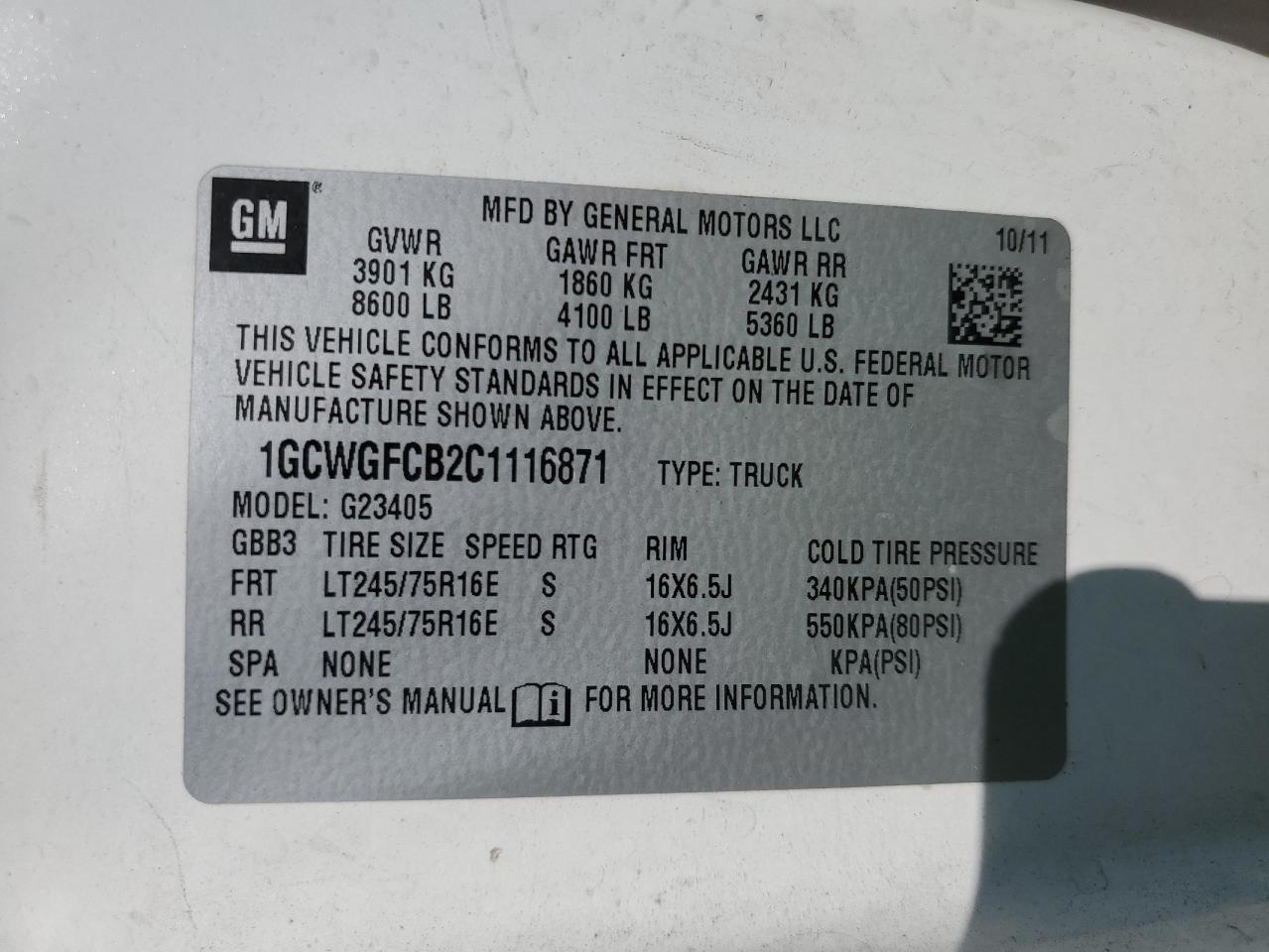 2012 Chevrolet Express G2500 VIN: 1GCWGFCB2C1116871 Lot: 46749505