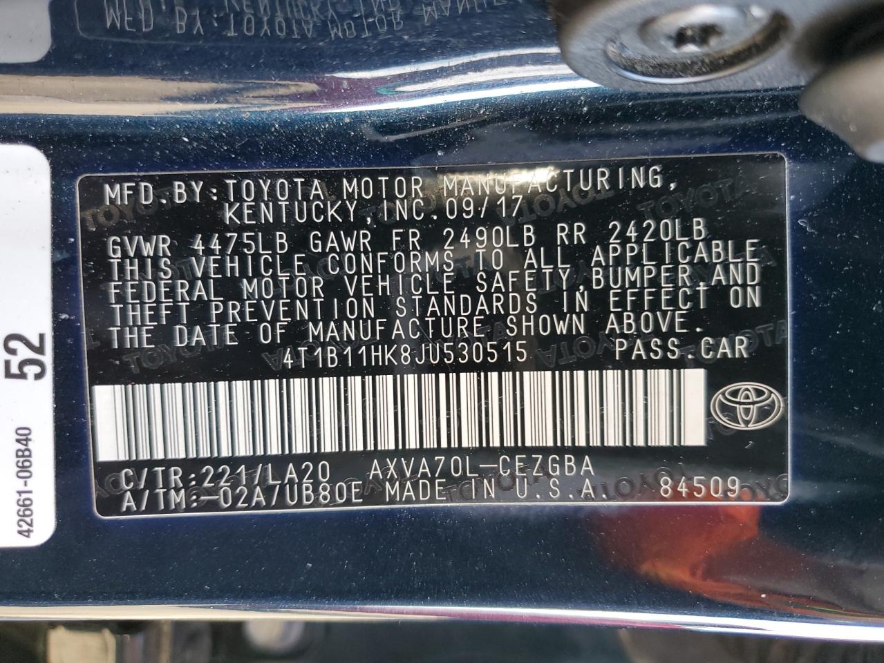 4T1B11HK8JU530515 TOYOTA CAMRY 2018