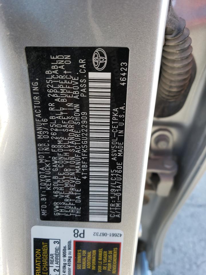 4T1BF1FK5GU222909 TOYOTA CAMRY 2016
