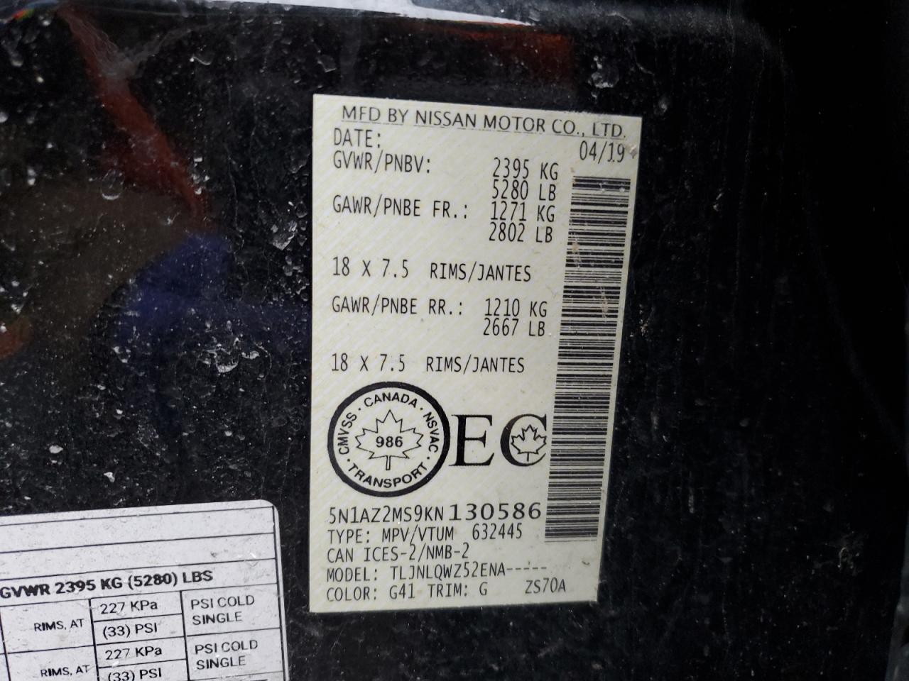 5N1AZ2MS9KN130586 NISSAN MURANO 2019