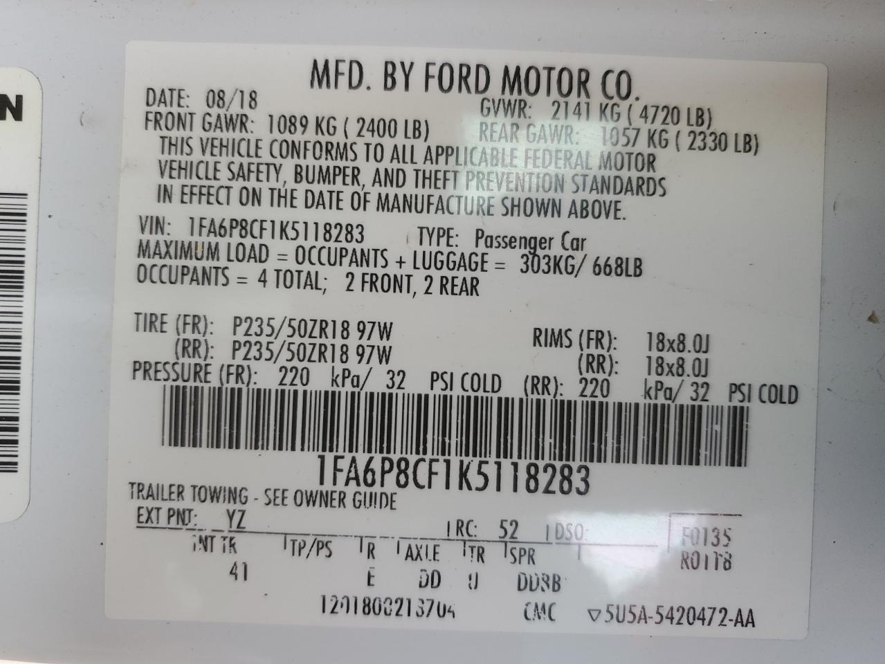 1FA6P8CF1K5118283 FORD MUSTANG 2019
