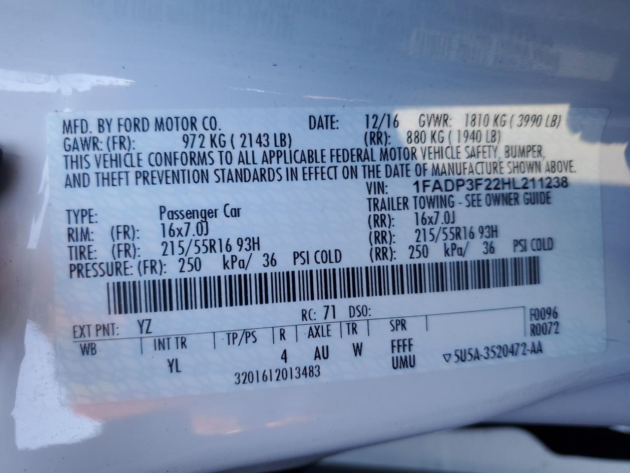 1FADP3F22HL211238 FORD FOCUS 2017