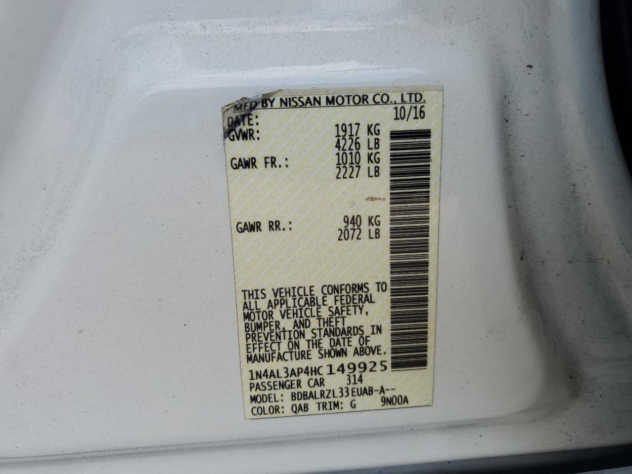 2017 Nissan Altima 2.5 VIN: 1N4AL3AP4HC149925 Lot: 47476715