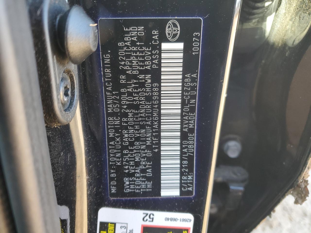 2021 Toyota Camry Xle VIN: 4T1F11AK6MU469889 Lot: 43753765