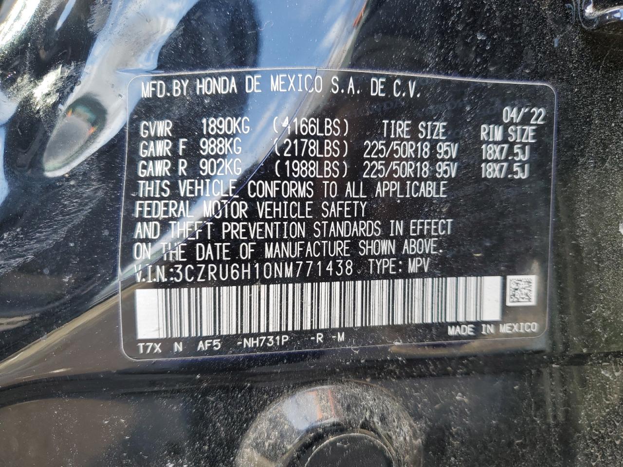 3CZRU6H10NM771438 HONDA HR-V 2022