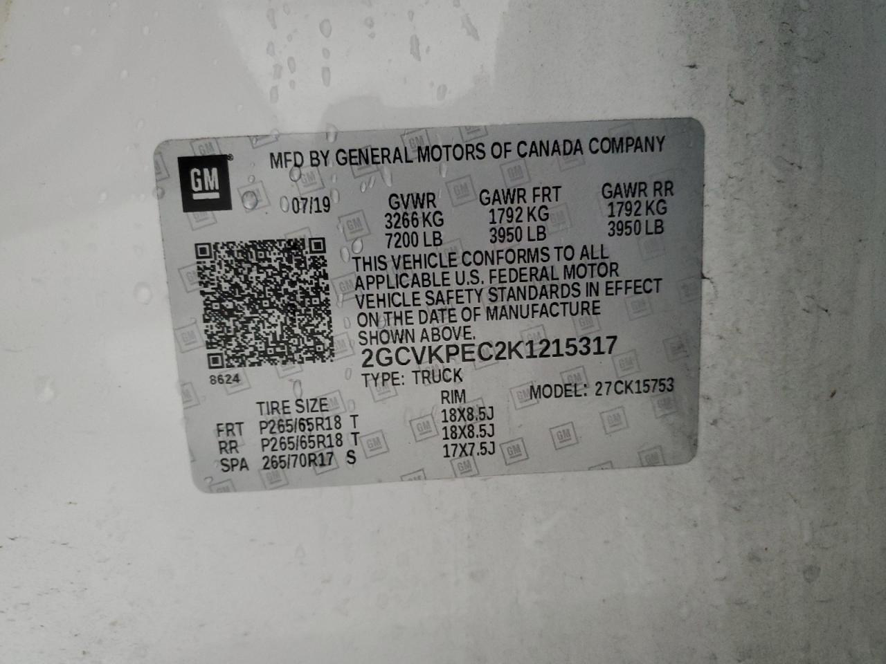 2GCVKPEC2K1215317 CHEVROLET SILVERADO 2019