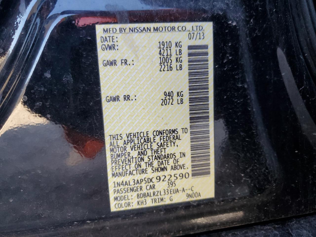 2013 Nissan Altima 2.5 VIN: 1N4AL3AP5DC922590 Lot: 43911985