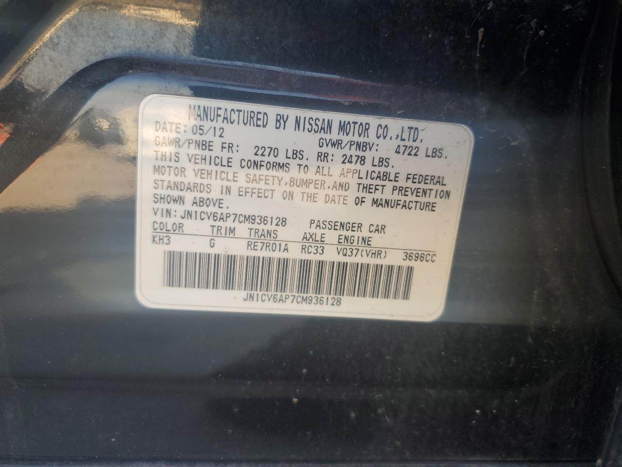 2012 Infiniti G37 Base VIN: JN1CV6AP7CM936128 Lot: 44332535