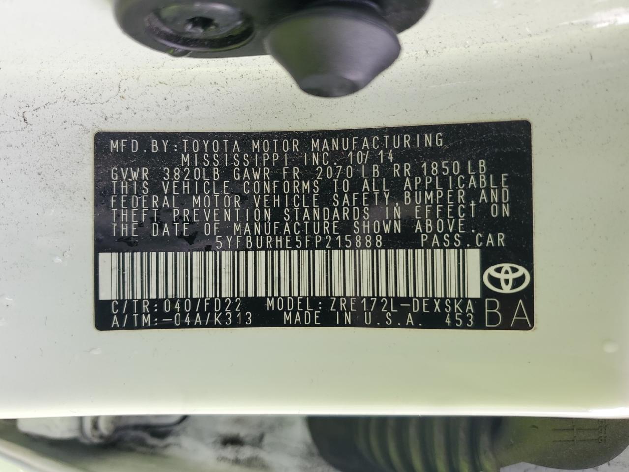 2015 Toyota Corolla L VIN: 5YFBURHE5FP215888 Lot: 45030225