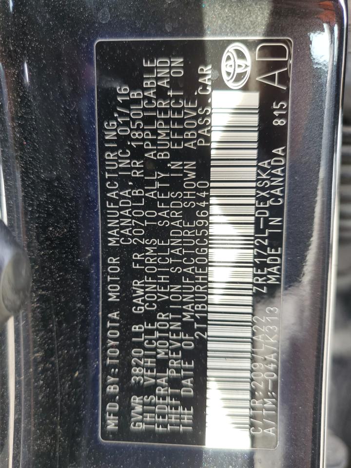 2T1BURHE0GC596440 TOYOTA COROLLA 2016