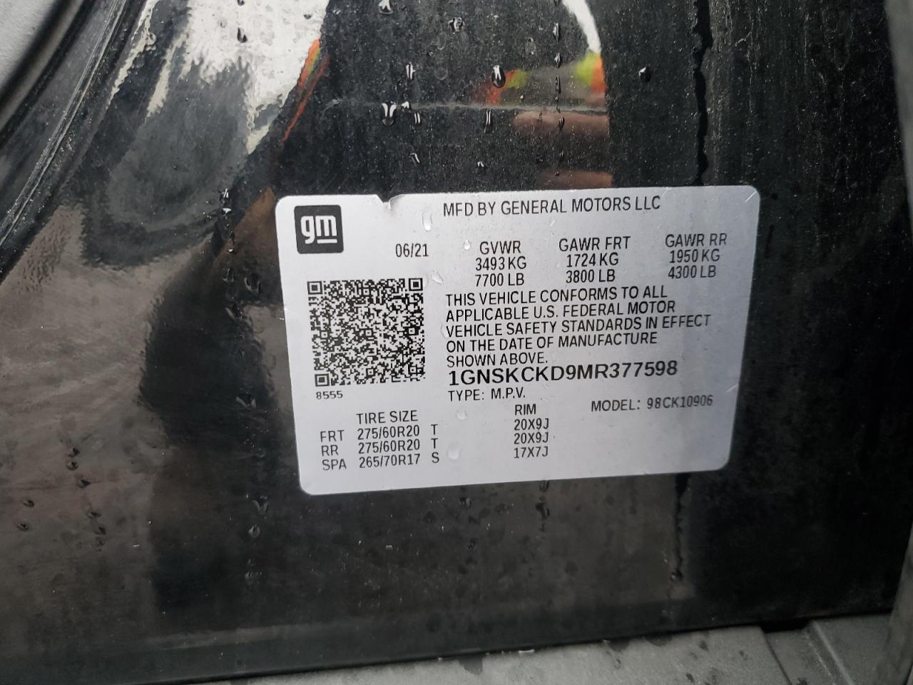 2021 Chevrolet Suburban K1500 Lt VIN: 1GNSKCKD9MR377598 Lot: 44597275