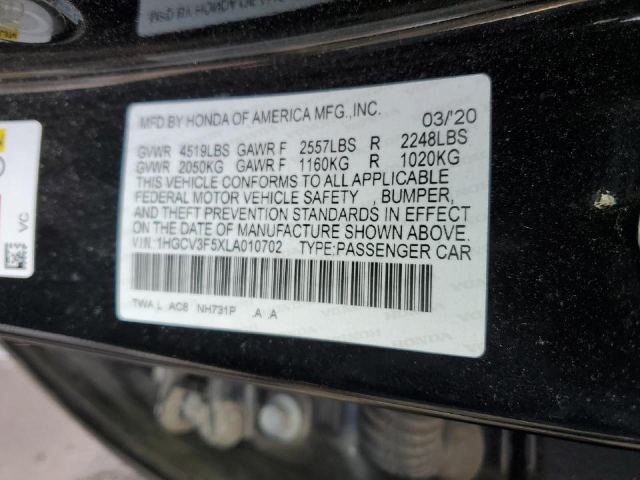 1HGCV3F5XLA010702 HONDA ACCORD 2020