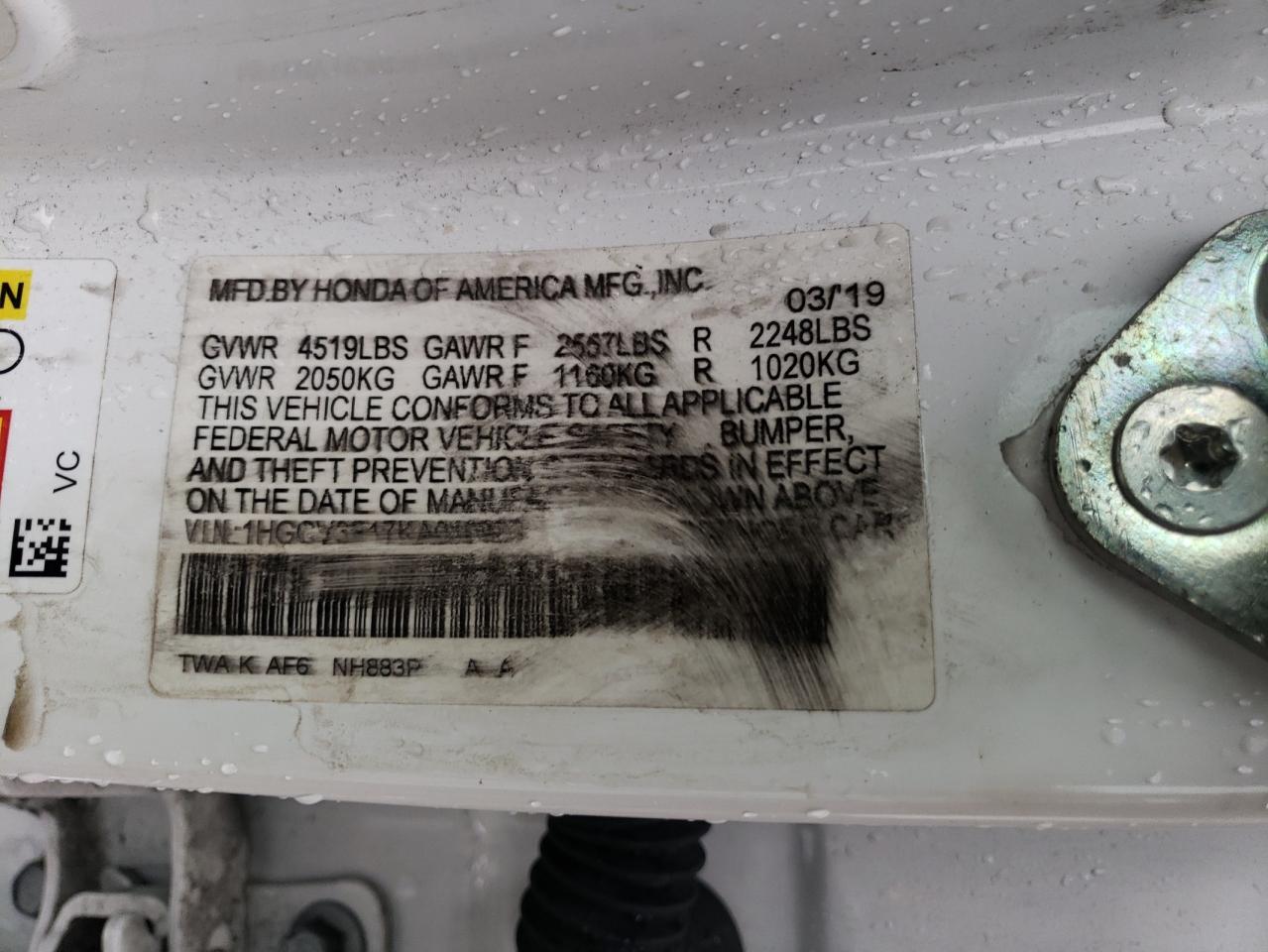 1HGCV3F17KA010989 HONDA ACCORD 2019