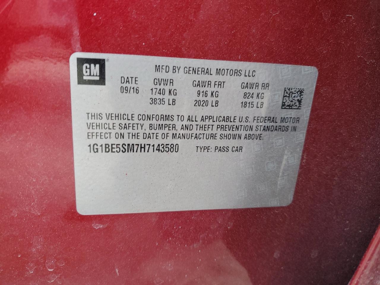 2017 Chevrolet Cruze Lt VIN: 1G1BE5SM7H7143580 Lot: 44432575