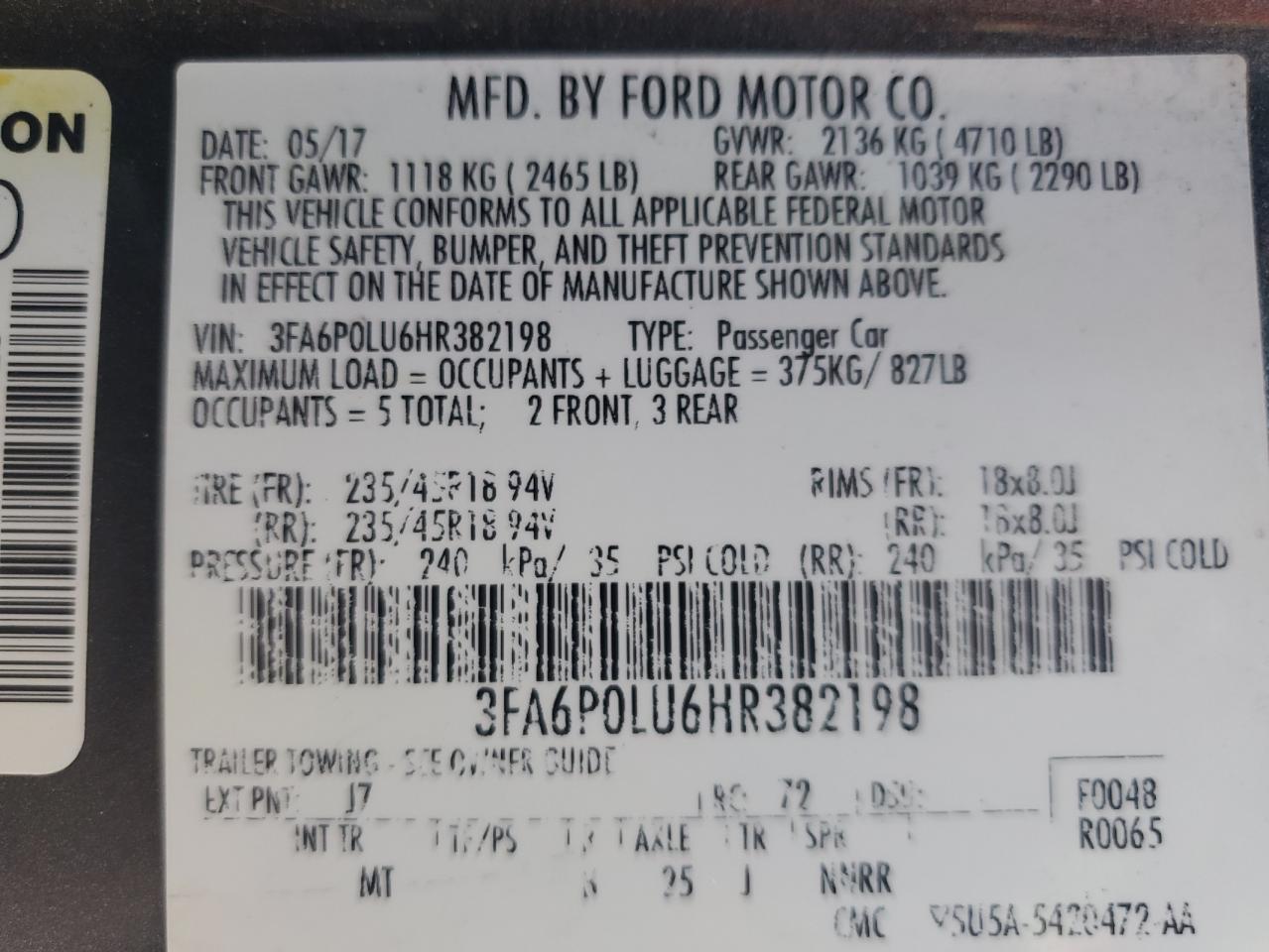 3FA6P0LU6HR382198 FORD FUSION 2017