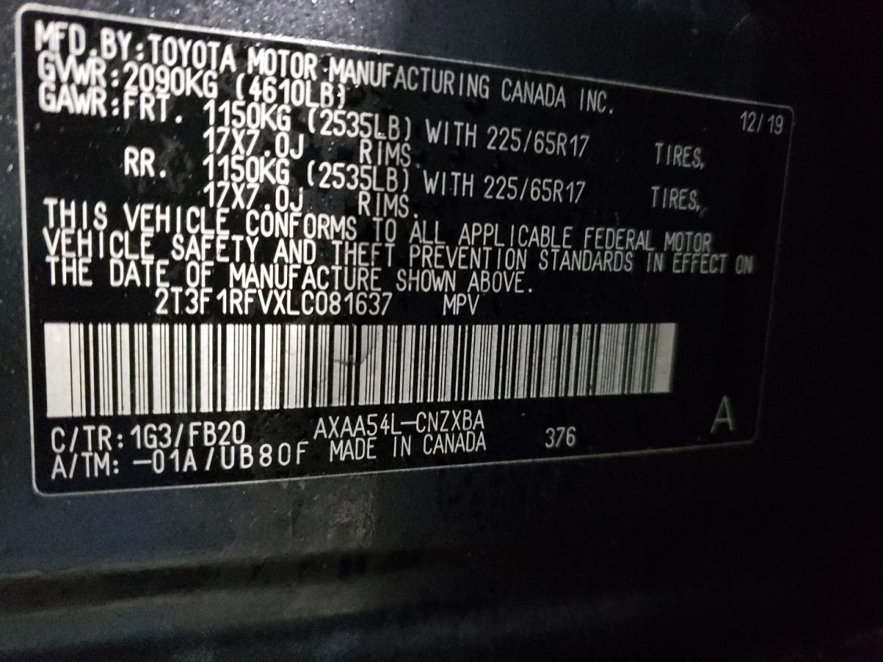 2T3F1RFVXLC081637 TOYOTA RAV4 2020