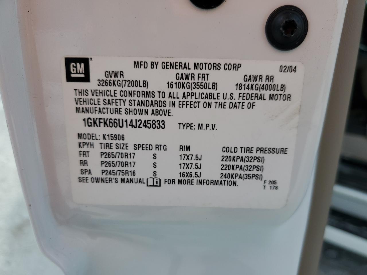 2004 GMC Yukon Xl Denali VIN: 1GKFK66U14J245833 Lot: 45196815