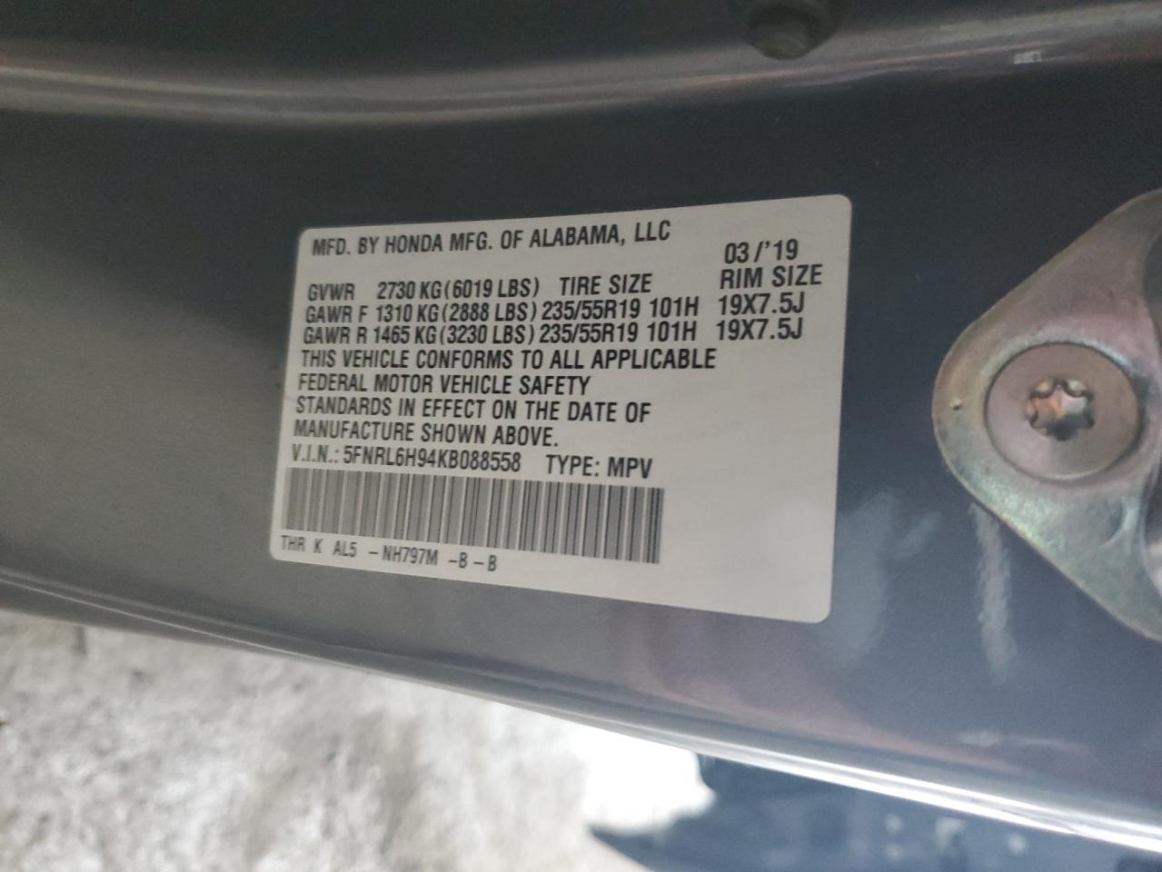 5FNRL6H94KB088558 HONDA ODYSSEY 2019