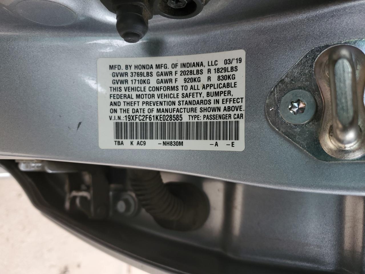 19XFC2F61KE028585 HONDA CIVIC 2019