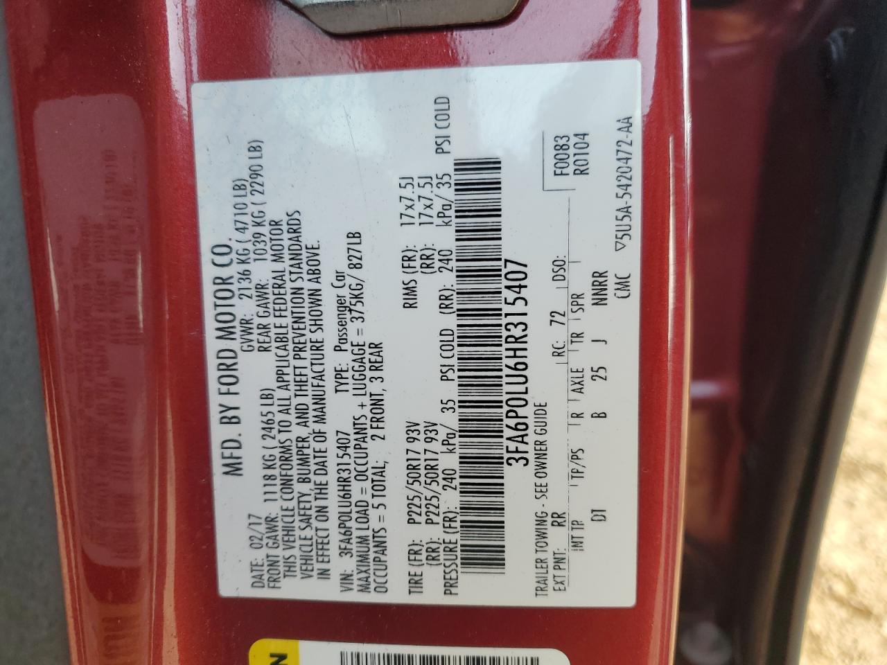 3FA6P0LU6HR315407 FORD FUSION 2017