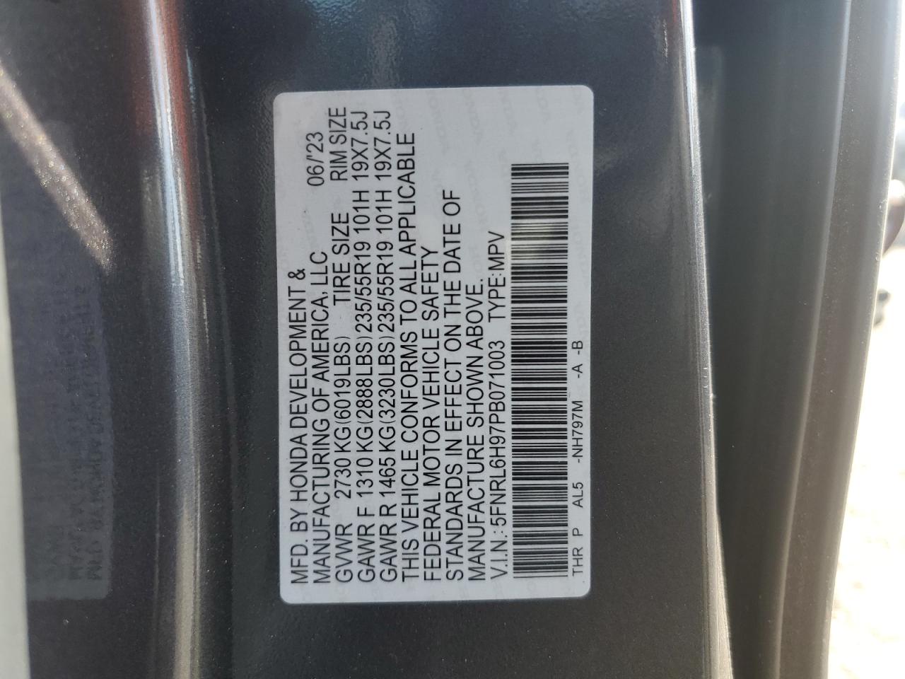 5FNRL6H97PB071003 HONDA ODYSSEY 2023