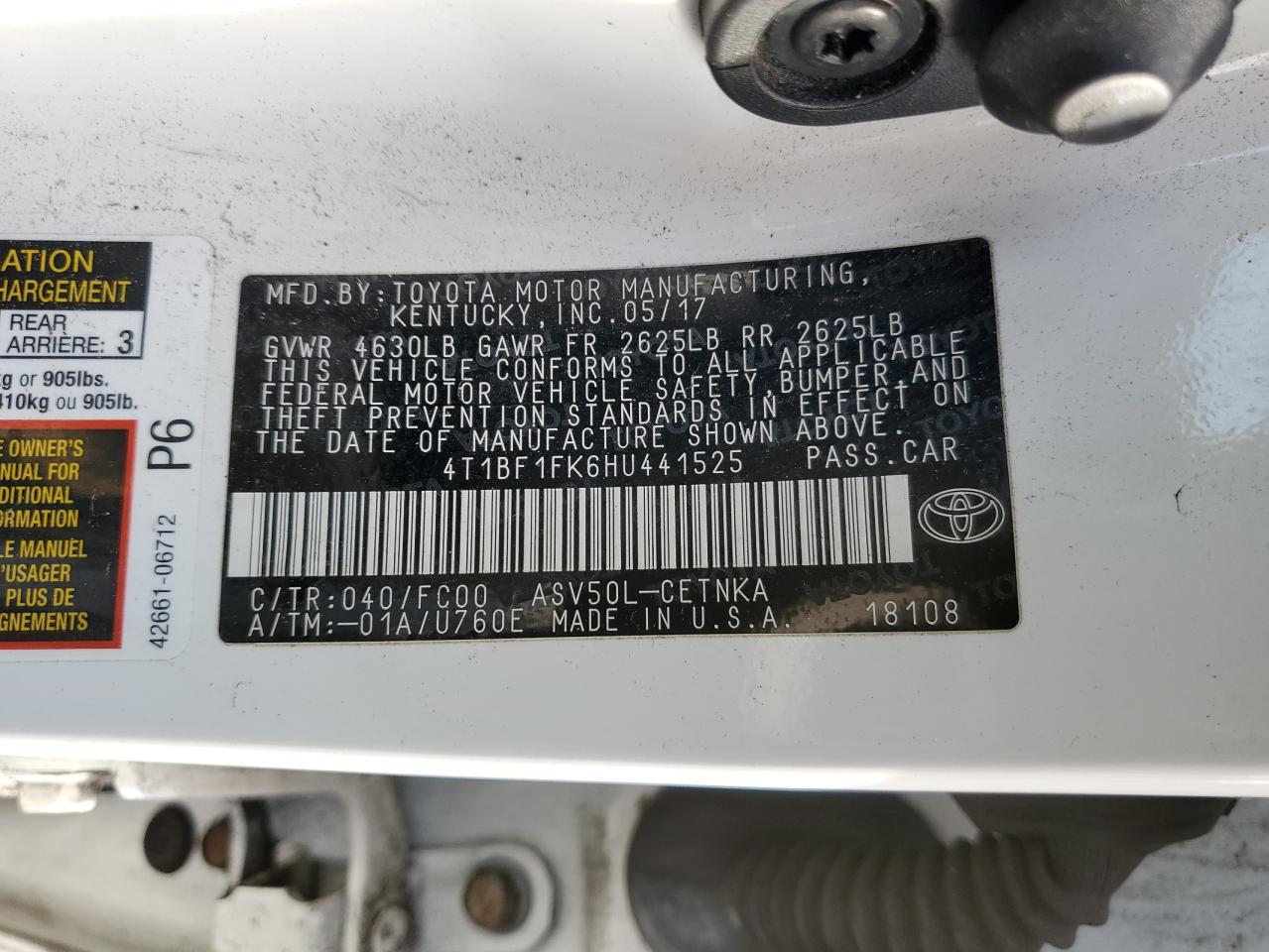 4T1BF1FK6HU441525 TOYOTA CAMRY 2017