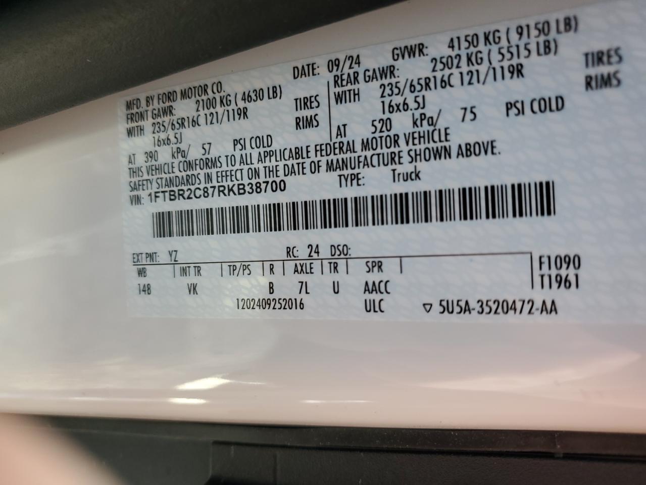 1FTBR2C87RKB38700 FORD TRANSIT 2024