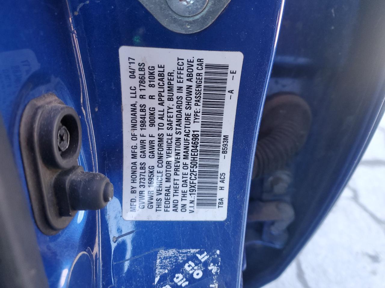 19XFC2F50HE046981 HONDA CIVIC 2017