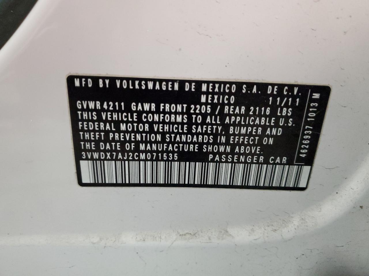 2012 Volkswagen Jetta Se VIN: 3VWDX7AJ2CM071535 Lot: 44730475