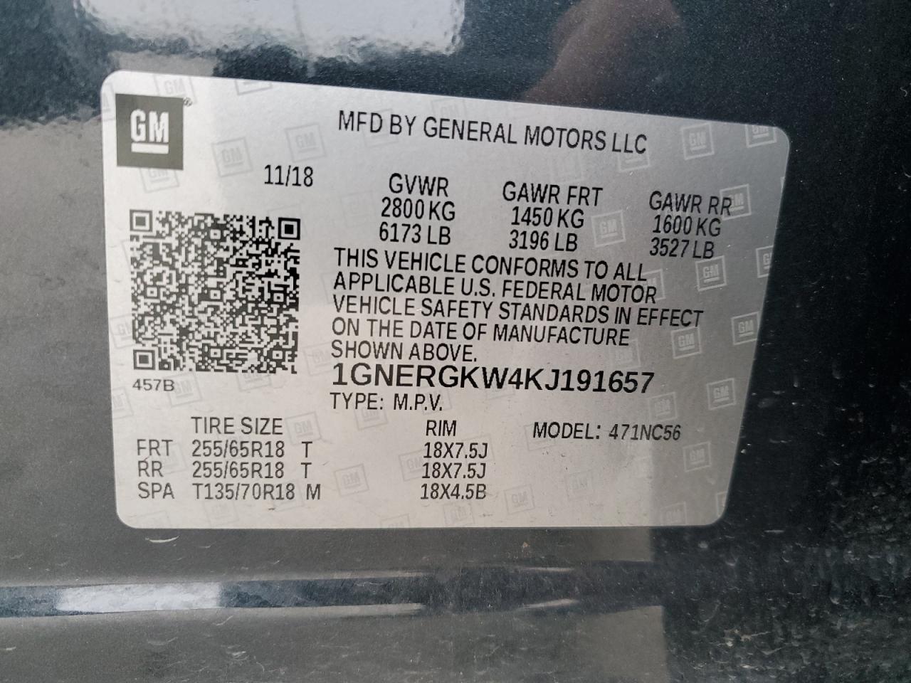 1GNERGKW4KJ191657 CHEVROLET TRAVERSE 2019