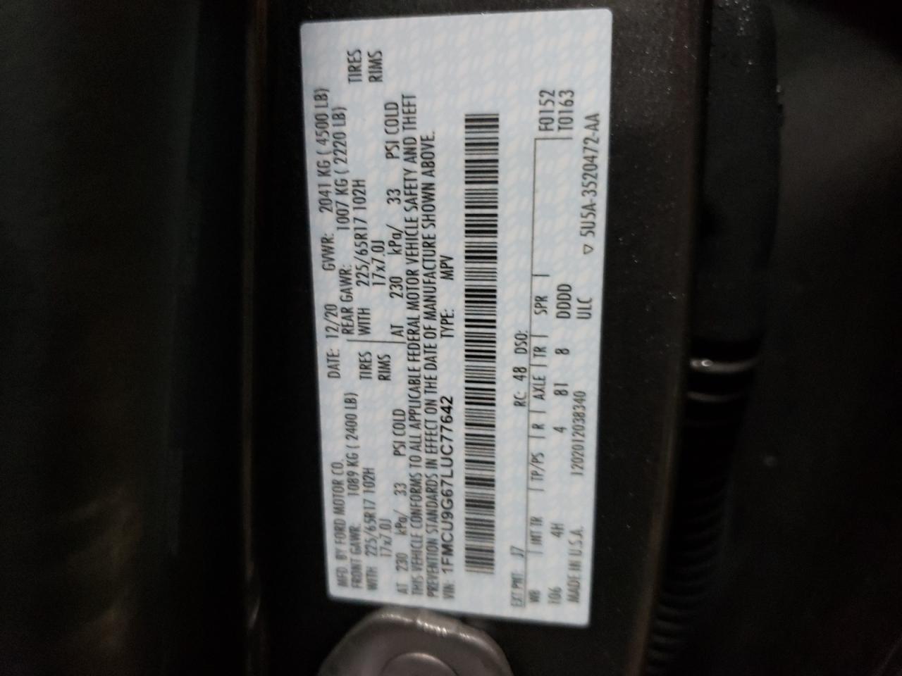 1FMCU9G67LUC77642 FORD ESCAPE 2020