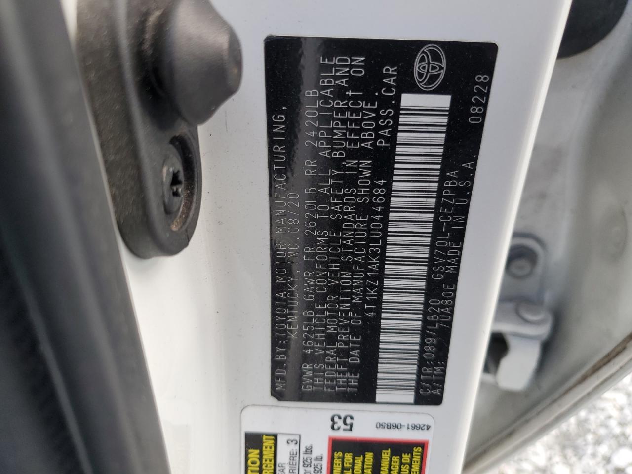 4T1KZ1AK3LU044684 TOYOTA CAMRY 2020