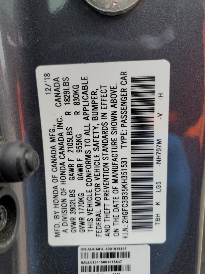 2hgfc3b35kh351531 2HGFC3B35KH351531 2019 Honda Civic Ex