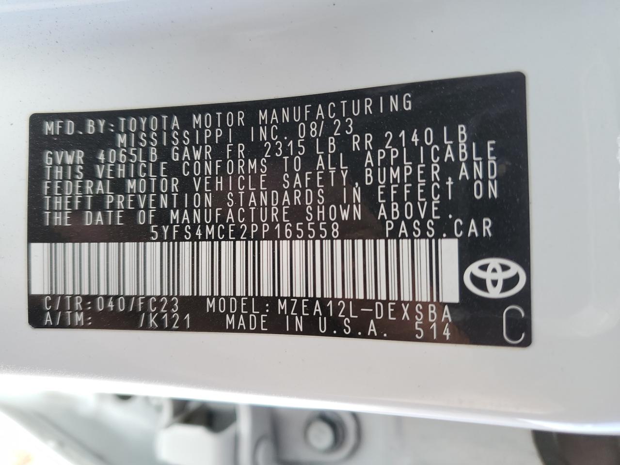 5YFS4MCE2PP165558 TOYOTA COROLLA 2023