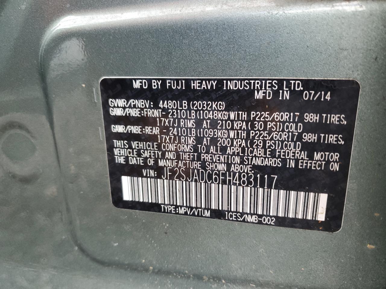 2015 Subaru Forester 2.5I Premium VIN: JF2SJADC6FH483117 Lot: 46755435