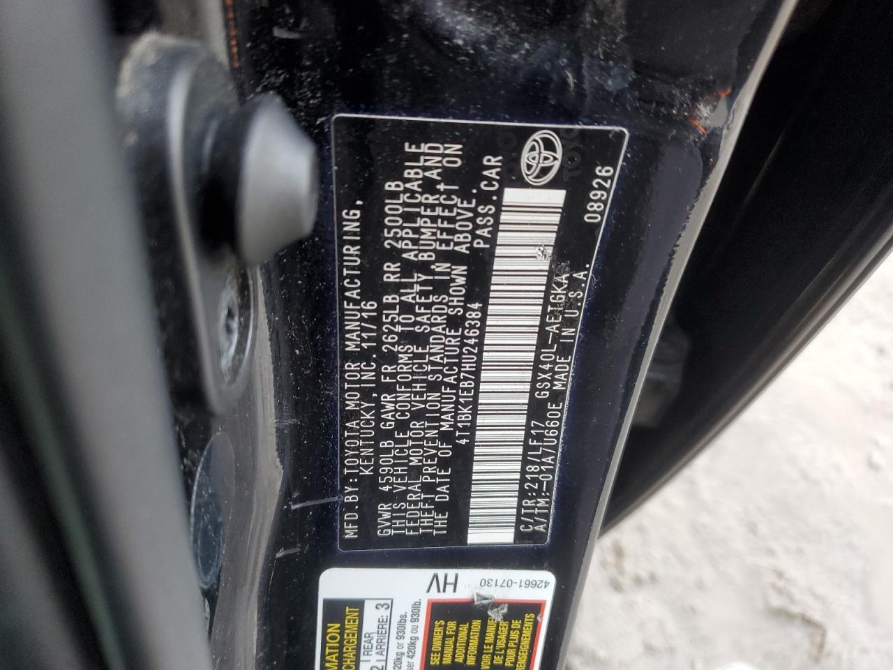 4T1BK1EB7HU246384 TOYOTA AVALON 2017
