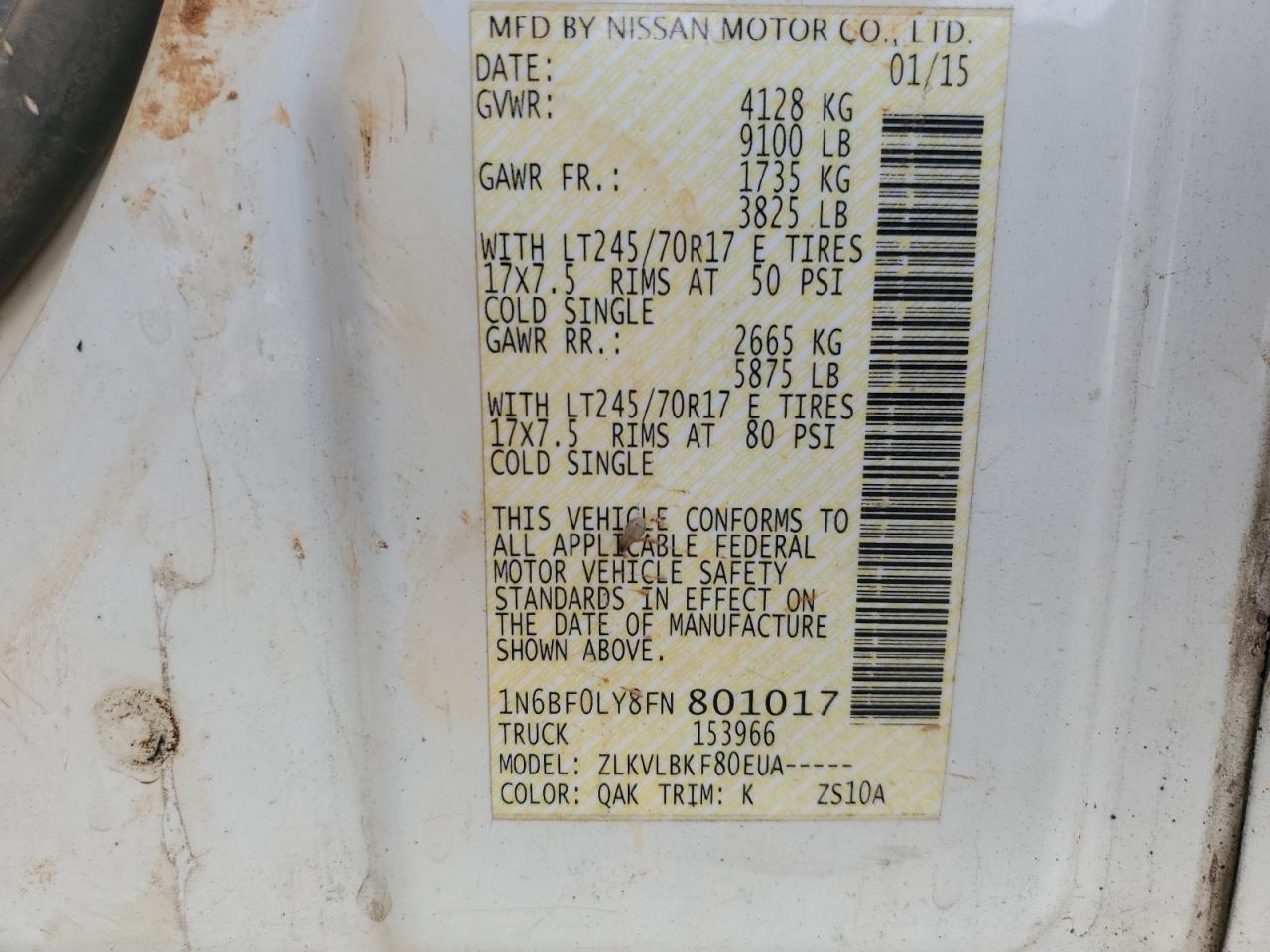 2015 Nissan Nv 2500 VIN: 1N6BF0LY8FN801017 Lot: 46080055