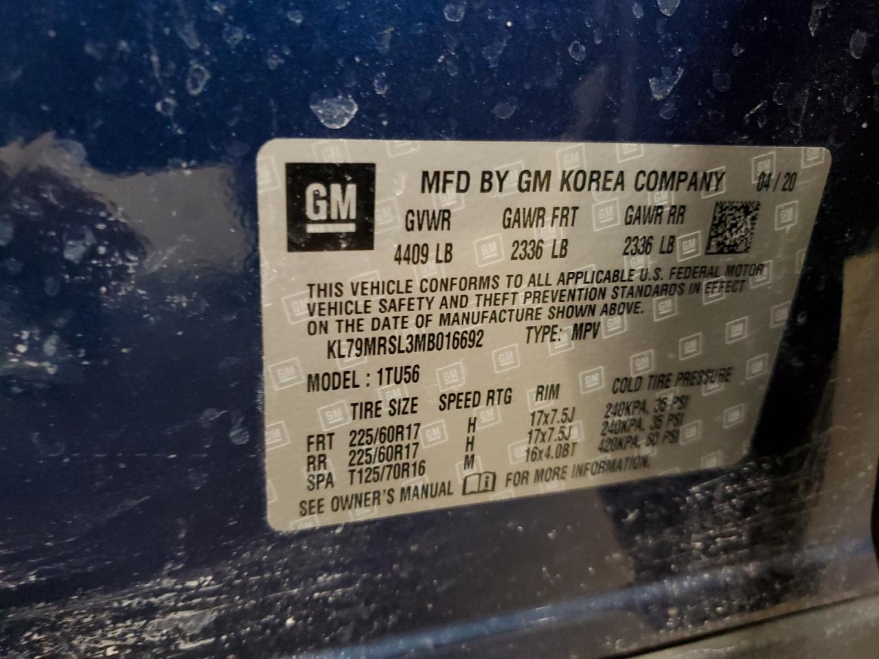 2021 Chevrolet Trailblazer Lt VIN: KL79MRSL3MB016692 Lot: 46104155