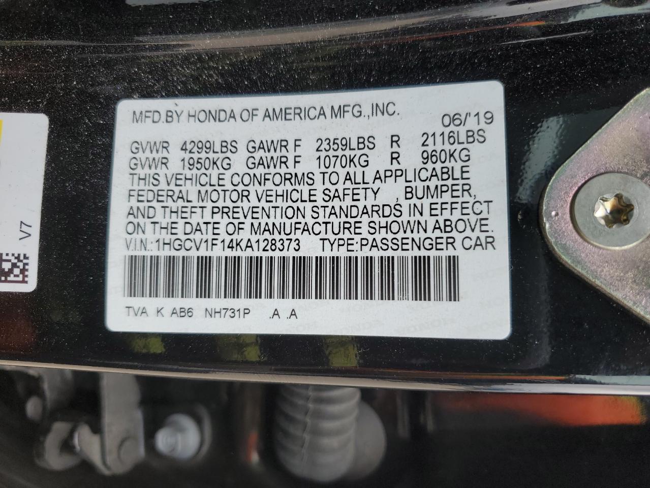 1HGCV1F14KA128373 HONDA ACCORD 2019