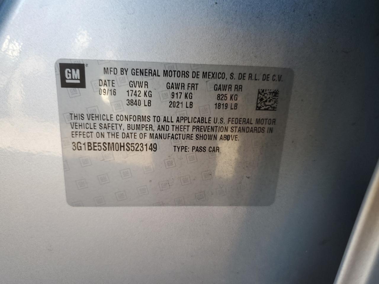 3G1BE5SM0HS523149 CHEVROLET CRUZE 2017