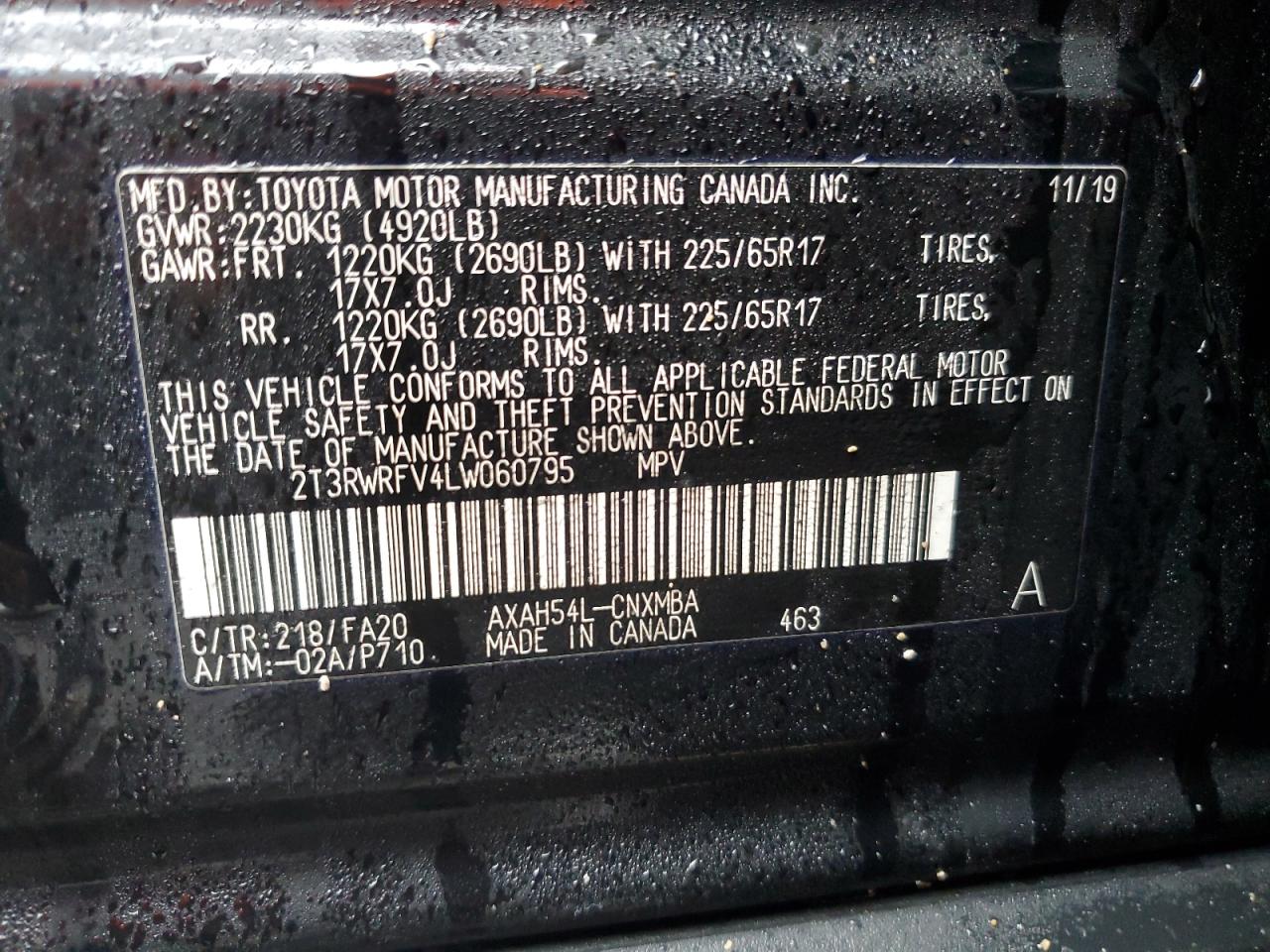 2T3RWRFV4LW060795 TOYOTA RAV4 2020