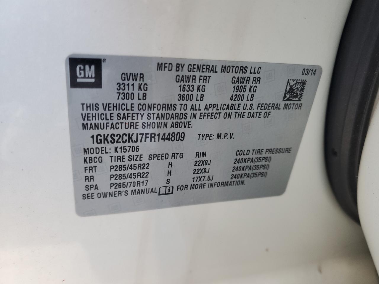 2015 GMC Yukon Denali VIN: 1GKS2CKJ7FR144809 Lot: 47264525