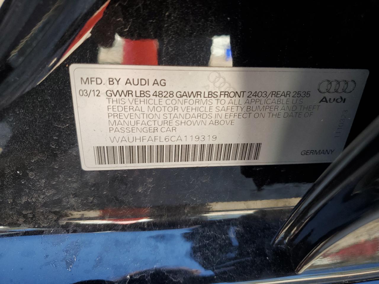 2012 Audi A4 VIN: XAUHFAFL6CA119319 Lot: 45945885