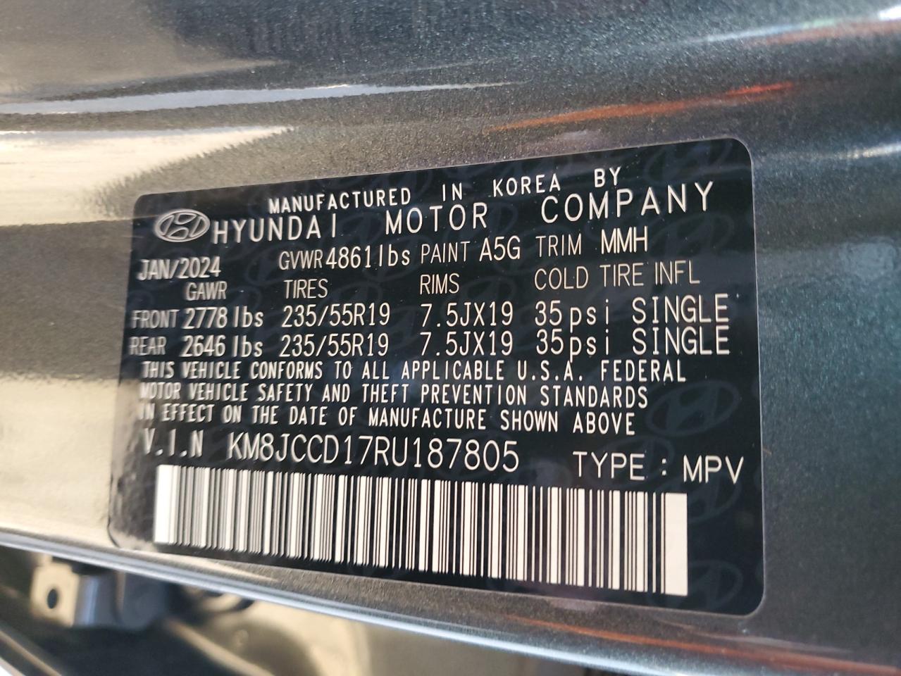 2024 Hyundai Tucson Sel Convenience VIN: KM8JCCD17RU187805 Lot: 45750305