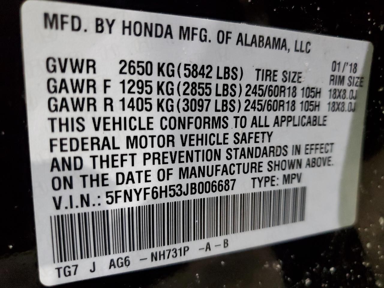 5FNYF6H53JB006687 HONDA PILOT 2018