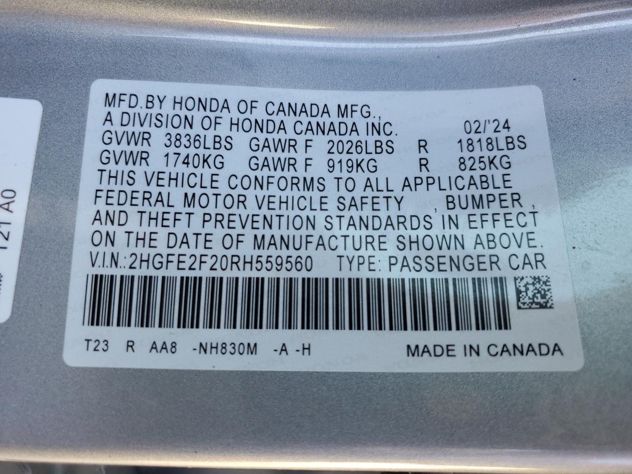 2HGFE2F20RH559560 HONDA CIVIC 2024