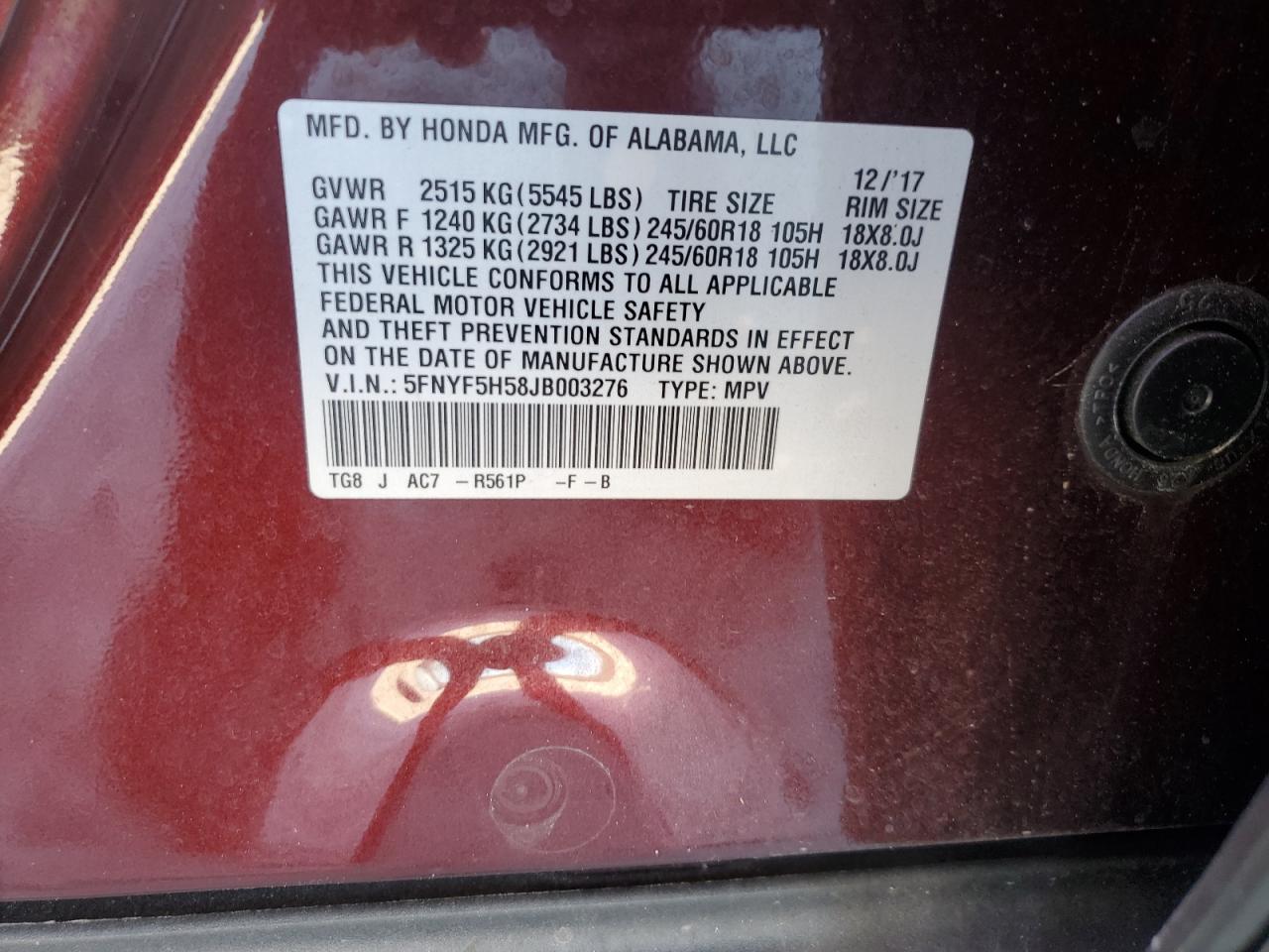 5FNYF5H58JB003276 HONDA PILOT 2018