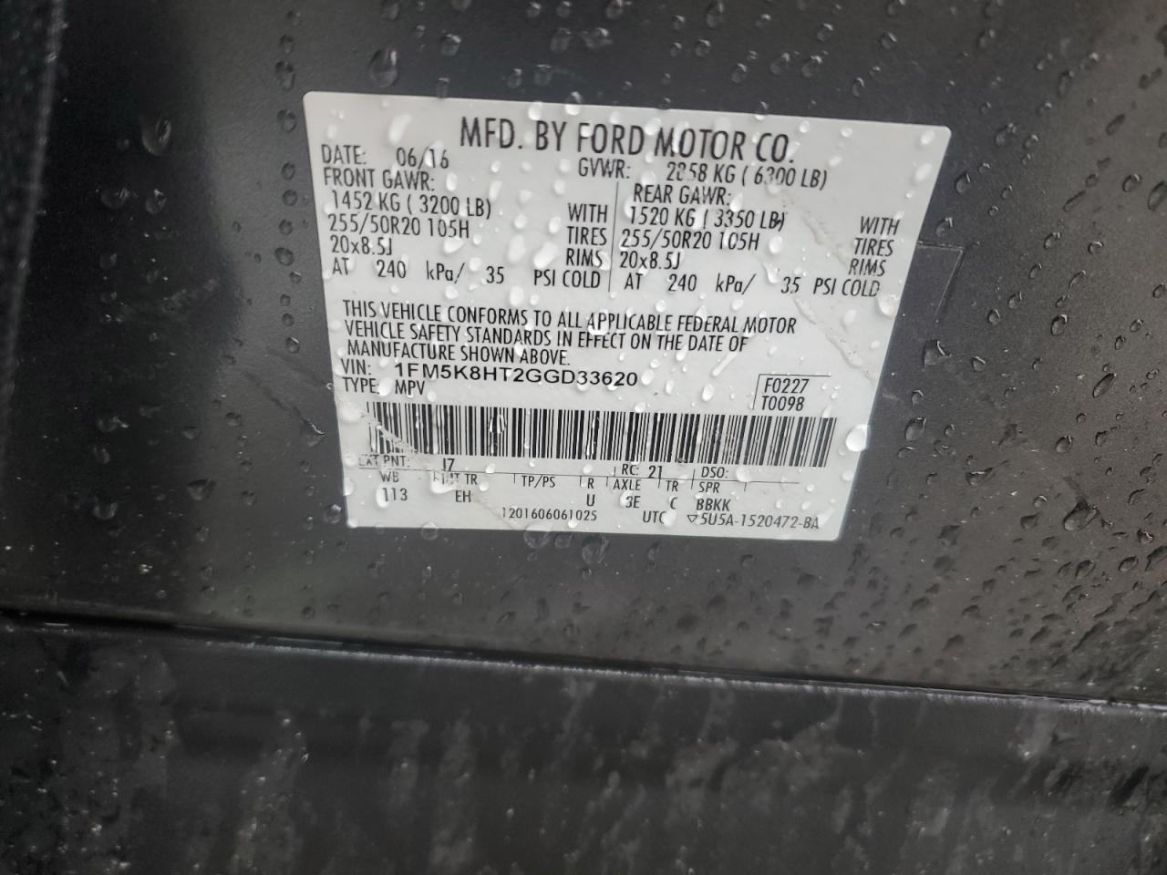 1FM5K8HT2GGD33620 FORD EXPLORER 2016