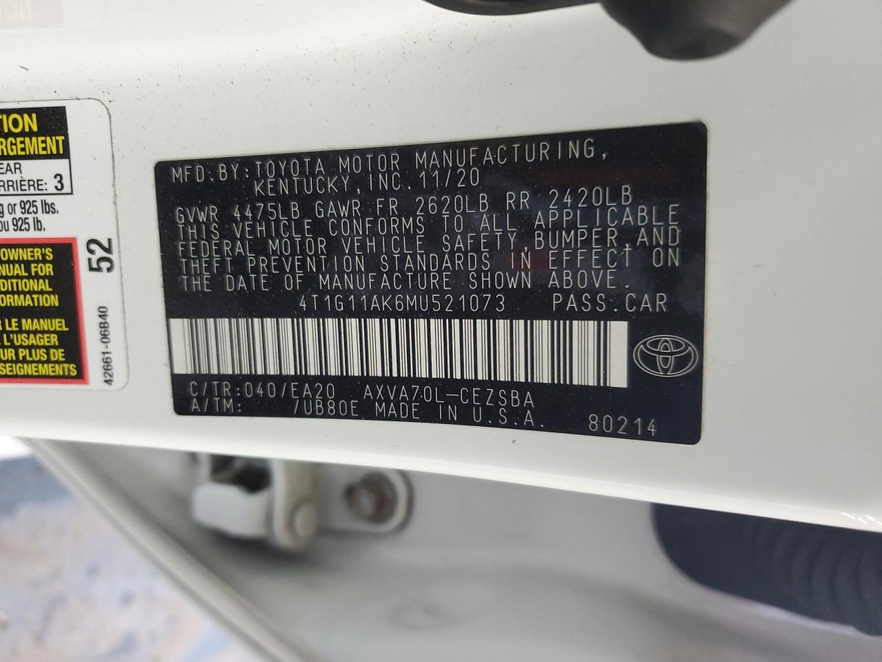 4T1G11AK6MU521073 TOYOTA CAMRY 2021